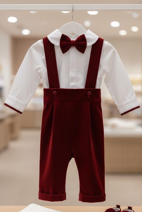 Abito Natalizio Bambino 3 Pezzi: Camicia A Maniche Lunghe, Pantaloni Con Bretelle, Papillon, Per Neonati E Bambini 9 Mesi-6 Anni