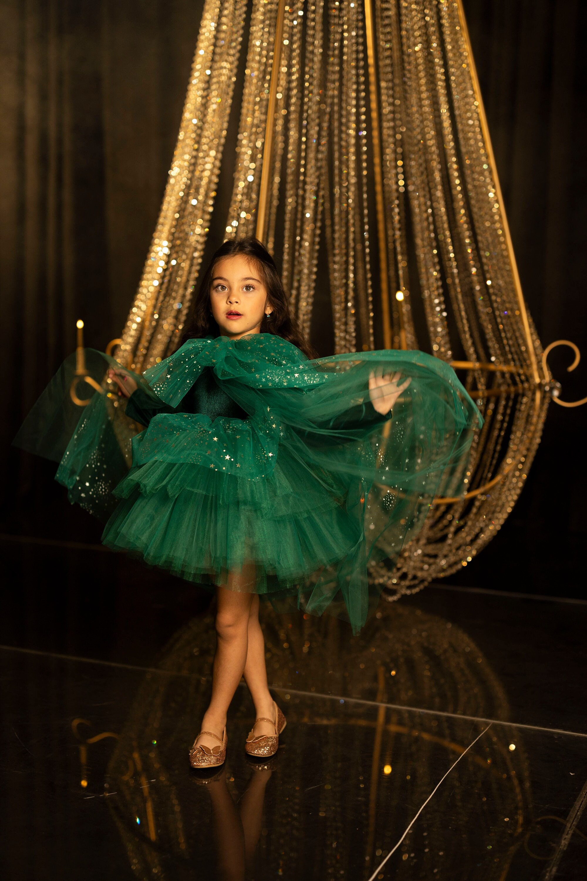 Girl Kids Christmas Dress With Cape, Fairy Starry Green Tulle Girl Toddler Baby Kids Christmas Photoshoot Dress Outfit, Kids Holiday Outfit