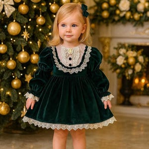 Robe de Noël vintage en velours vert pour bébé fille, style vintage avec col en dentelle, tenue de photoshoot de Noël pour enfants, robe de soirée de Noël