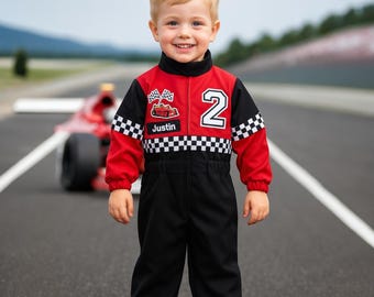 Rot & Schwarz Kinder Rennfahrer Kostüm Personalisierte Halloween Kostüm Outfit für Kleinkind Jungen Racing Overall Name Benutzerdefinierte Geburtstag