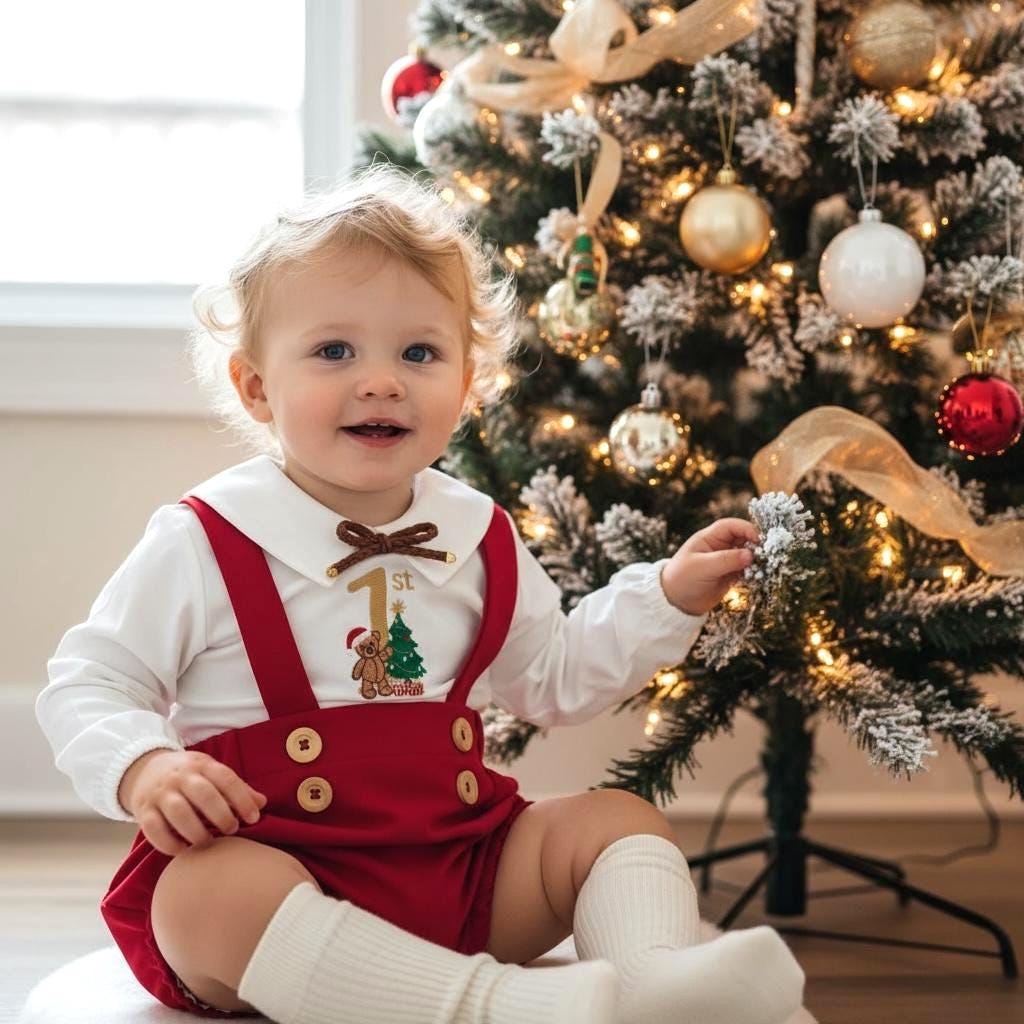 Red Baby Boy First Christmas SOCKS INCLUDED Outfit Set Baby Boy Toddler Kids Christmas Photoshoot Outfit Kids Vintage Style Embroidered