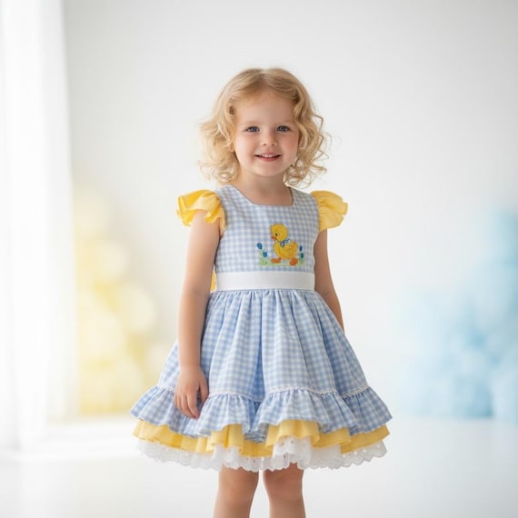 Blue Gingham Duck Embroidered Easter Dress  Toddler Girl Spring Dress   Baby Birthday Embroidered Duck Baby Dress  Easter Photoshoot Dress - Etsy