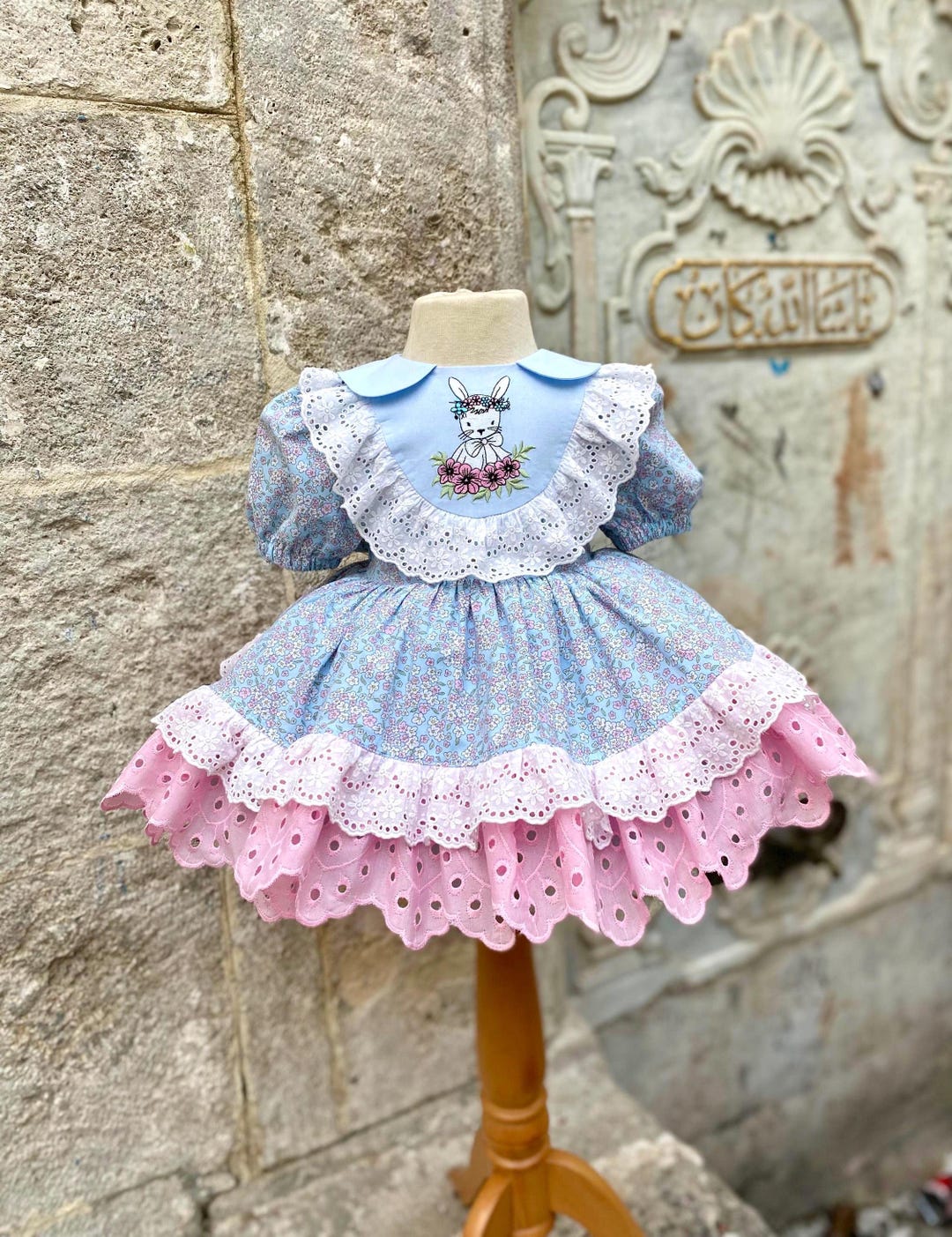pink and blue easter dress Baby Girl Dress, Girls Bunny Embroidered Floral Puffy Luxury Easter Dress, Kids Easter Outfit Easter Gifts size:UK 14
