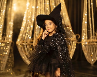 Disfraz de bruja negra para niños, disfraz de bruja caprichosa, disfraz de Halloween para niños, disfraz de bruja para niñas, disfraz de Halloween para bebés, disfraz de bruja suave.