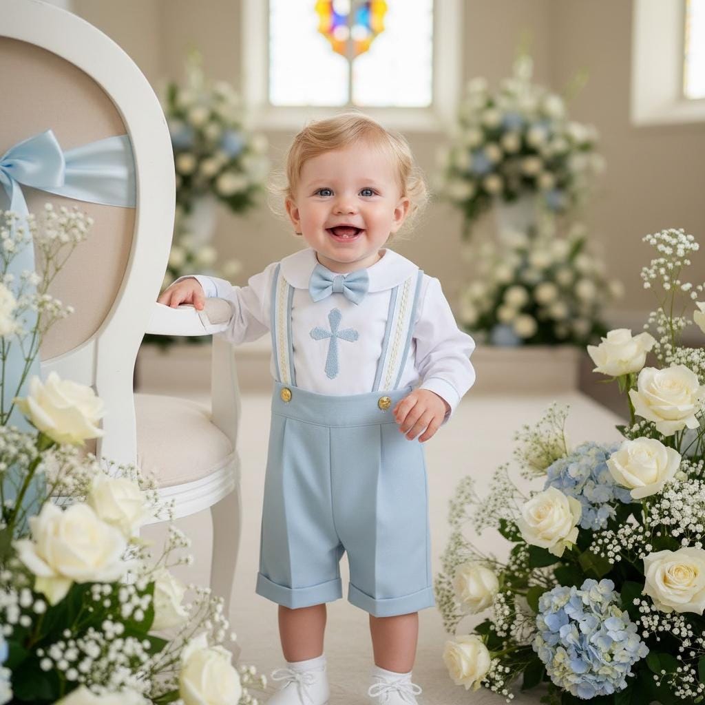 Baby Boy Baptism Outfit: Blue Cross Embroidered Suit with Custom Name