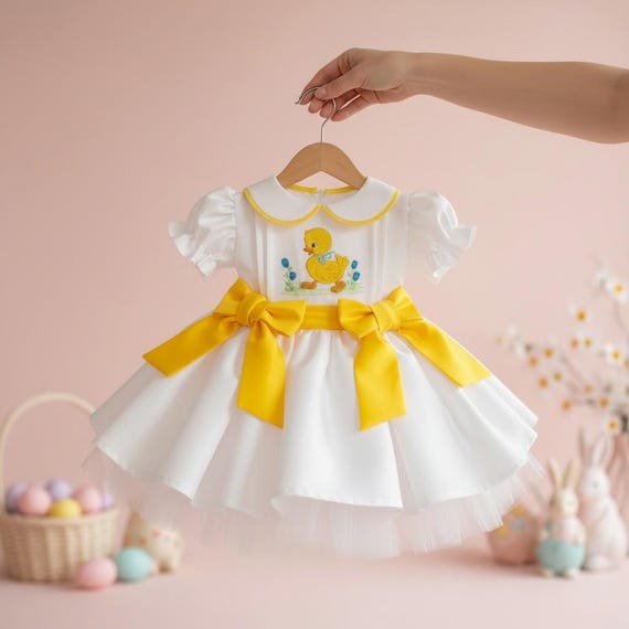 Handmade Yellow Duck Embroidered White Bow Dress: Vintage Baby Girl Outfit
