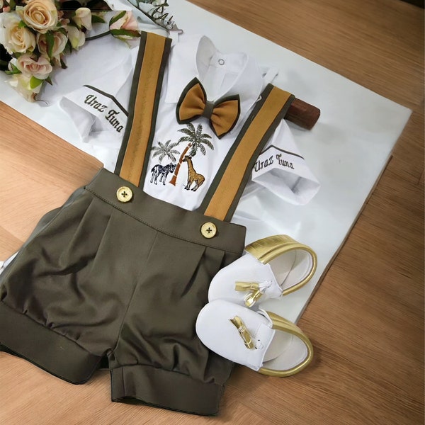 Safari Theme Baby Boy Outfit Set, Baby Boy Embroidered Custom Name  Kids Birthday Costume Photoshoot Outfit Ring Bearer Baptism Outfit,