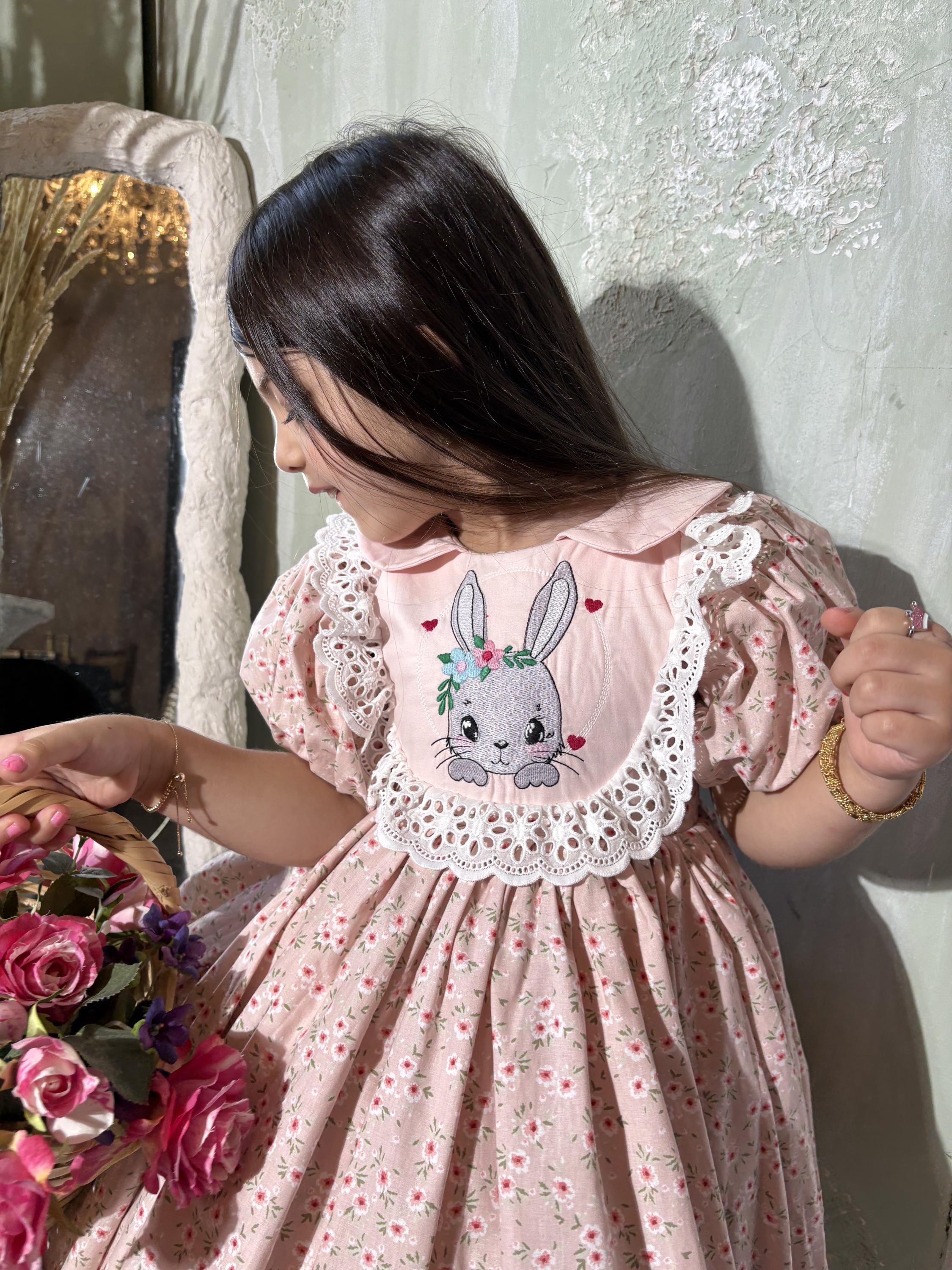 pink bunny dress Pink Girls Easter Dress, Bunny Embroidery Floral Cute Puffy Vintage Style Girls Easter Dress, Toddler Kids Pink Birthday Party Dress