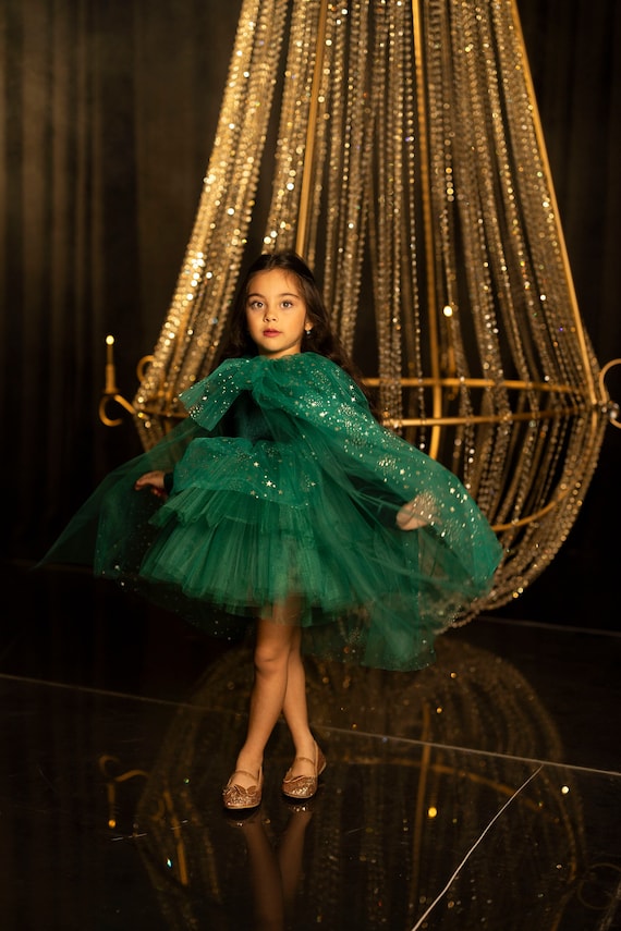 Girl Kids Christmas Dress With Cape, Fairy Starry Green Tulle Girl Toddler Baby Kids Christmas Photoshoot Dress Outfit, Kids Holiday Outfit