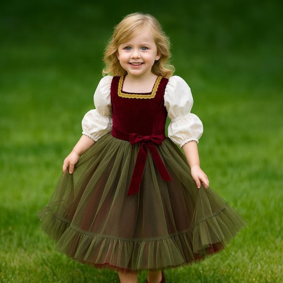 Girls Luxury Puffy Tulle Rustic Renaissance Dress  Burgundy and Olive  Halloween Costume  Fairytale Peasant Clothing Country Style Dress - Etsy  Canada