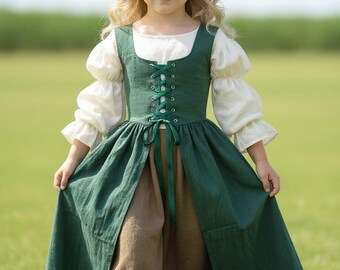 simple green medieval dress Girls Dress, Renaissance Era Gown, Historical Fantasy Dance Costume for Girls, Peasant Hobbit Inspired Outfit jandrop1-a/aa