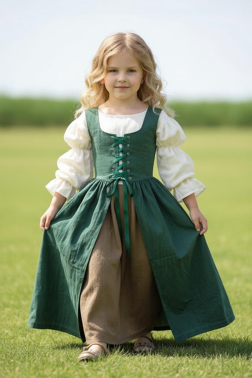 green dress costume Medieval Girls Dress, Renaissance Era Gown, Historical Fantasy Dance for Girls, Peasant Hobbit Inspired Outfit SAVE10