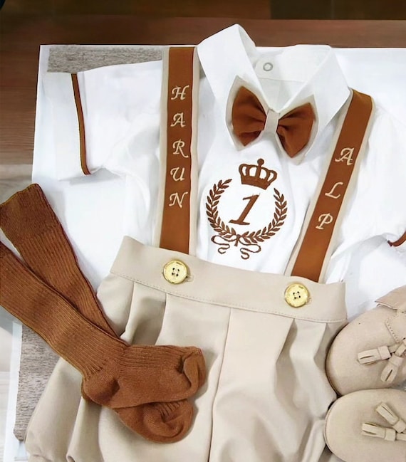 Beige Baby Boy Birthday Outfit Set, Baby Boy Embroidered Custom
