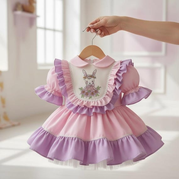 pink and purple easter dresses Bunny Embroidered Pink Purple Baby Girl Easter Dress, Girls Kids Toddler Pink Luxury Bunny Embroidered Easter Dress, Bunny Birthday outfit