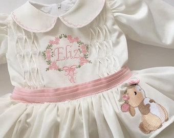 Custom Name Kids Easter Dress, Bunny Embroidery  Toddler Girl  Easter Dress, Vintage Style Girl Easter Outfit