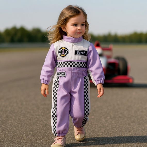 Handmade Race Car Driver Costume for Toddlers - Halloween Costume, Cars Girls Racing Outfit, Toddler Racer Suit, Kids Jumpsuit with Hat, Baby Racer Costume (4T