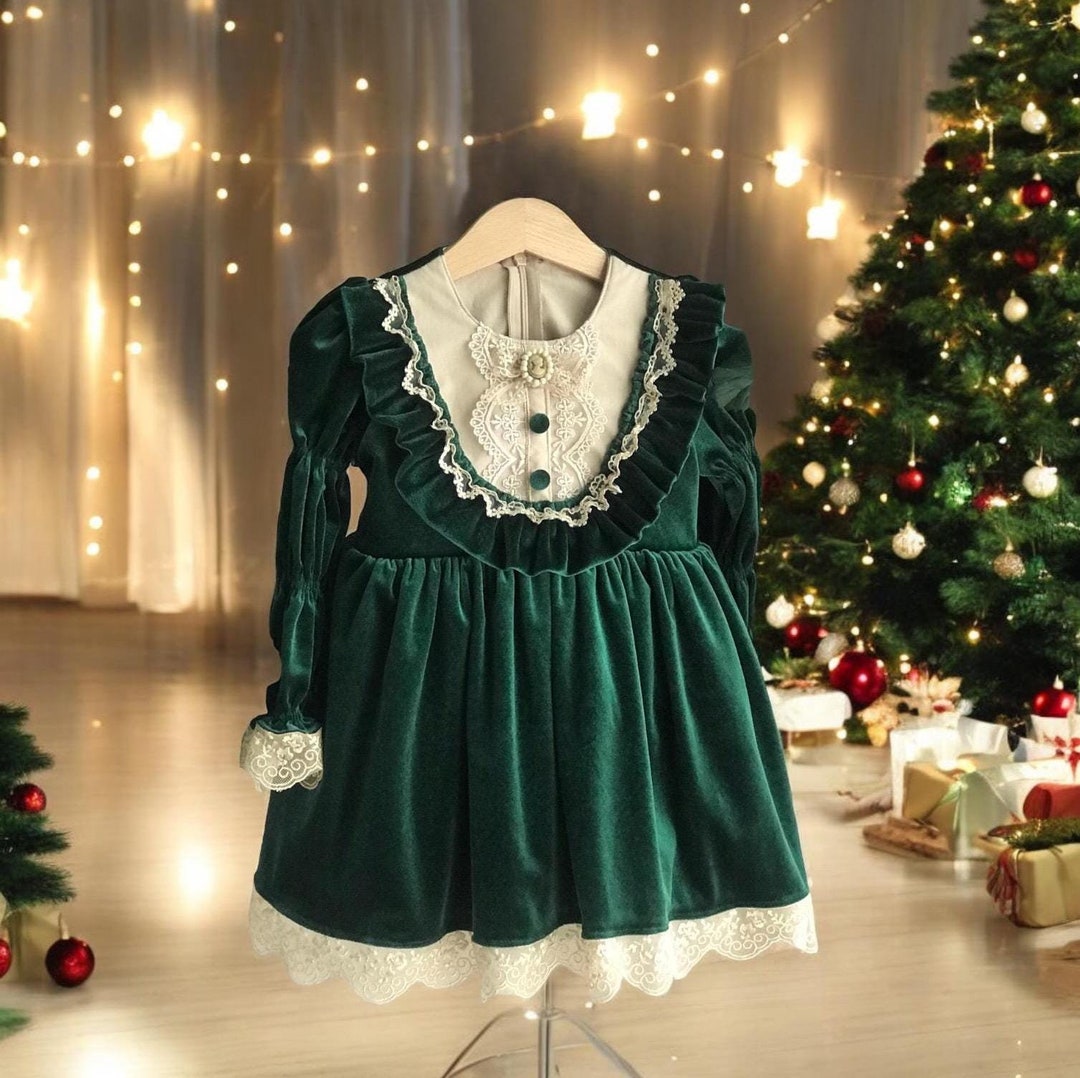 Girl Luxury Velvet Green Christmas Dress, Vintage Kids Christmas