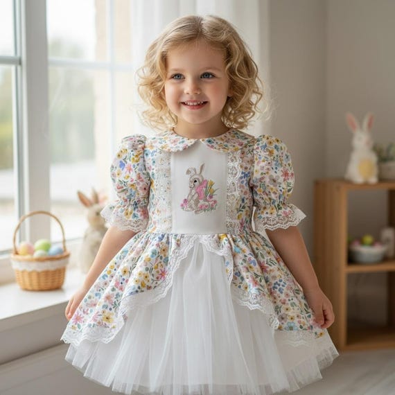 embroidered easter dress bunny embroidered Girl Easter Tulle tutu So Comfy Easter Dress, Girls Bunny  Easter Photoshoot Egg Hunting Dress