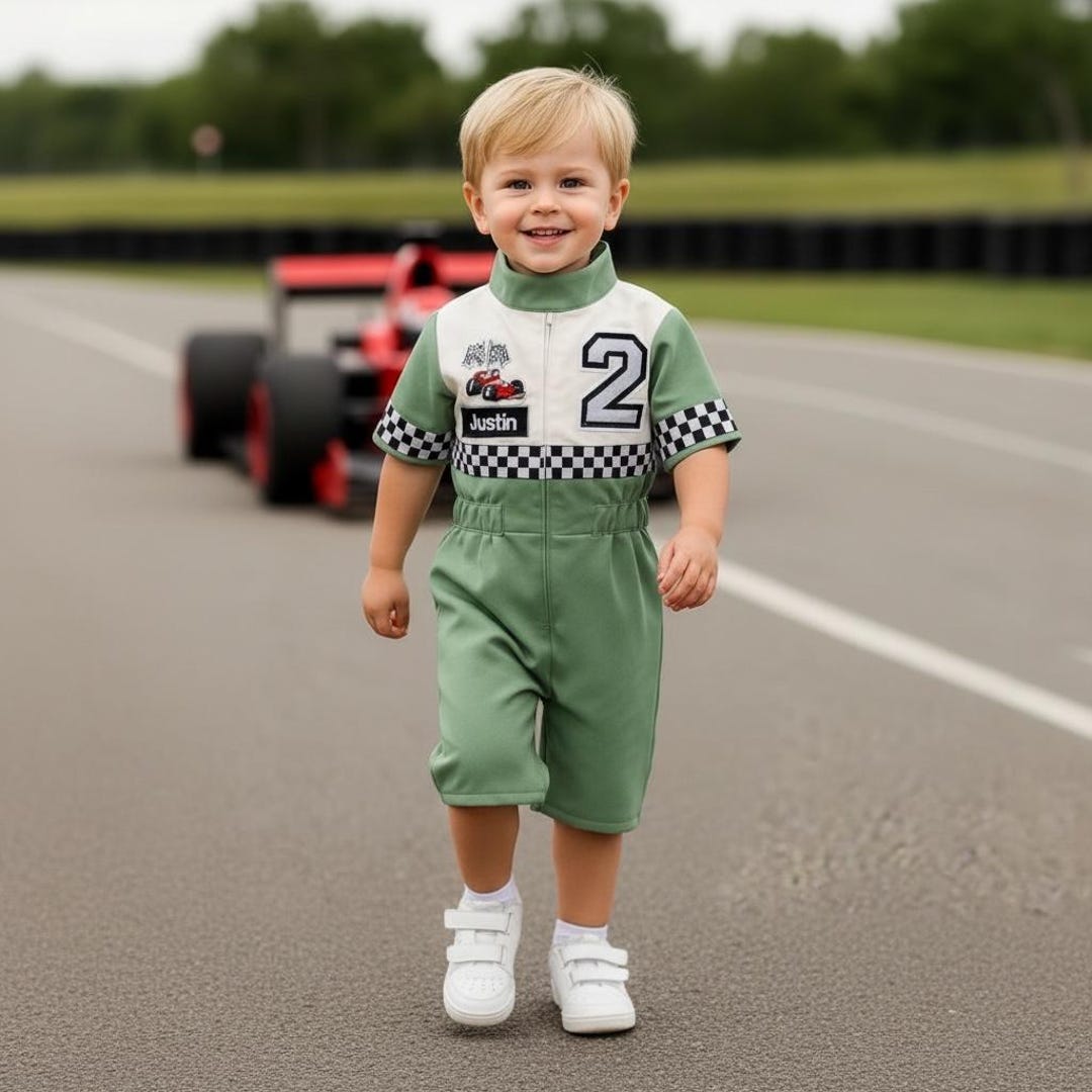 Baby Racer Style Sage Green Short Sleeve Baby Boy Racing Suit Custom Name Racing ...