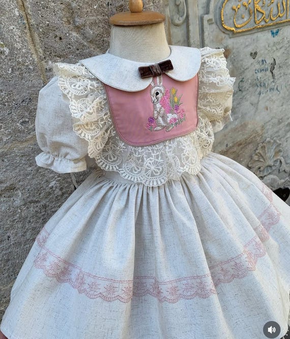 beige easter dress Bunny Embroidered Girl Vintage Style Luxury Dress, Kids Toddler Baby Girl Puffy so Cute Lace Easter Lilli designer brand