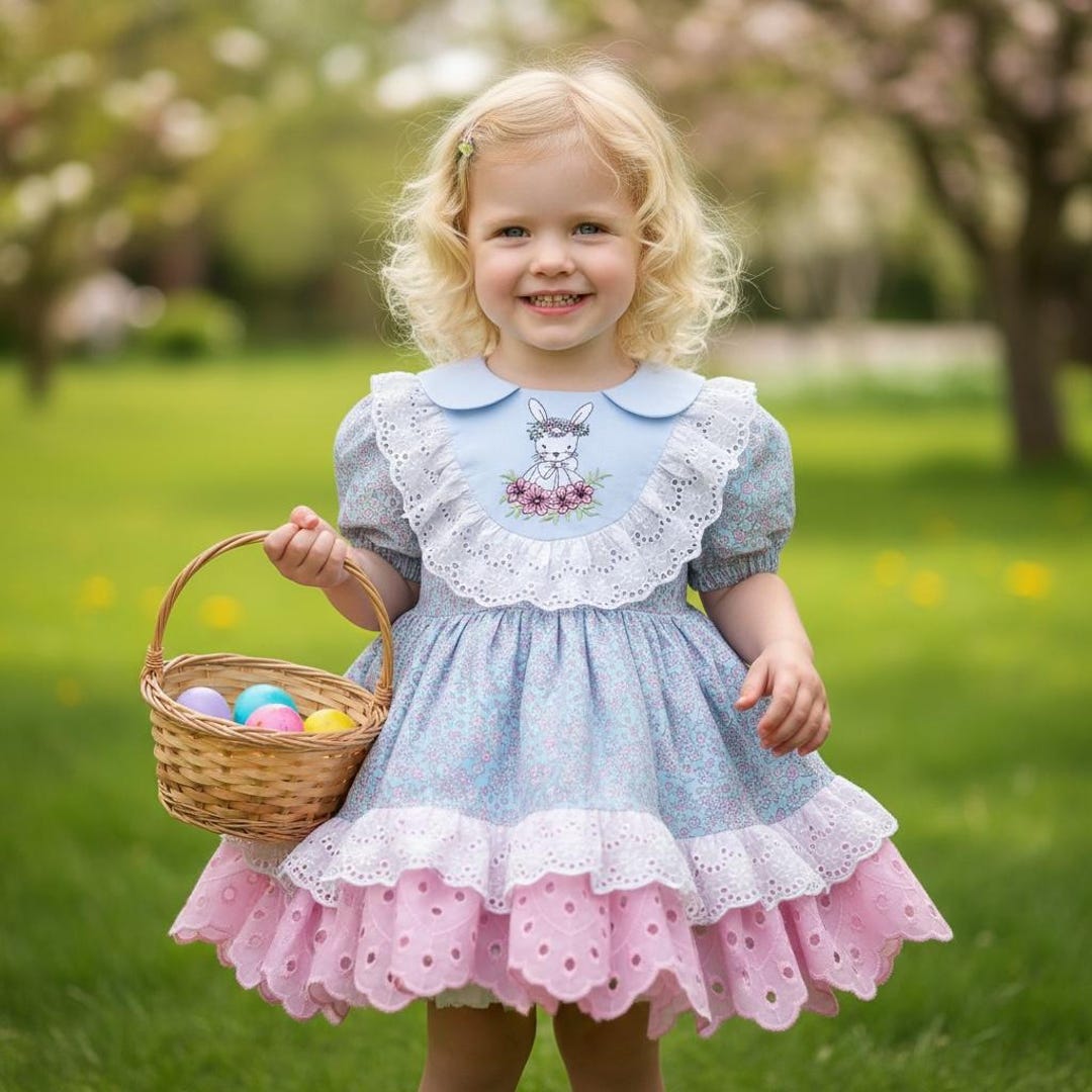 Blue Pink Floral Bunny Embroidered Baby Girl Easter Dress, Vintage ...