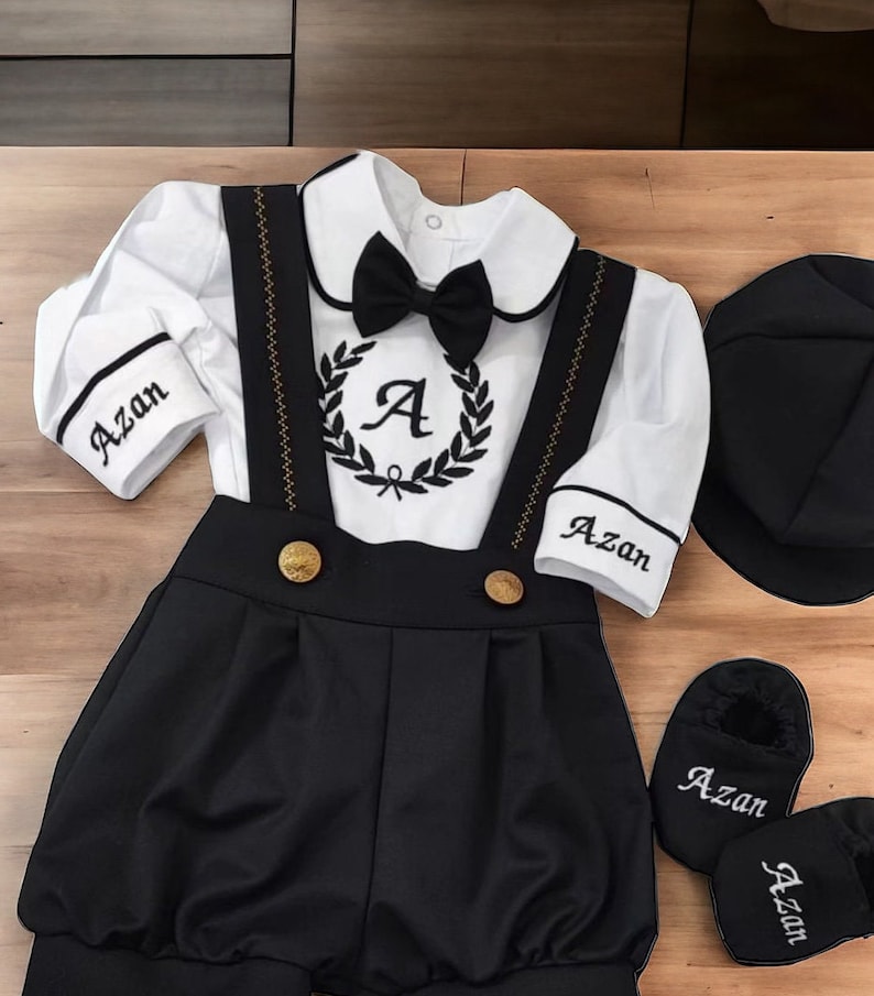 Black Elegant Kids Birthday Outfit Set, Baby Boy Embroidered Custom Name Date Birthday