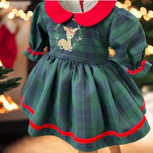 Vestito natalizio ricamato per bambine, vestito natalizio per servizio fotografico a quadri verdi per bambine, vestito natalizio per il primo anno di Bbay Girl