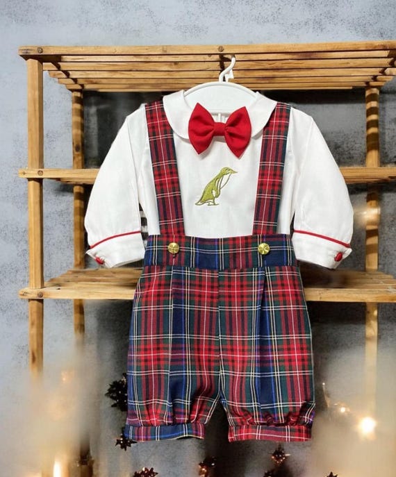 Baby Boy Custom Initials Christmas Outfit, Baby Boy Plaid