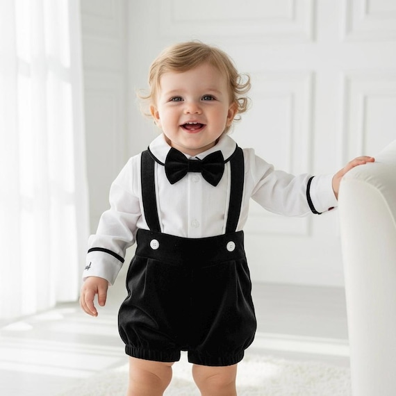 Black Velvet Luxury Baby Boy Custom Name Outfit Short Shirt Bow
