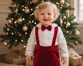 Puede incluir: Un conjunto navideño infantil con una camisa blanca con cuello y ribete rojo, una pajarita roja y un pantalón corto de terciopelo rojo con tirantes. Un árbol de Navidad se encuentra en el fondo.