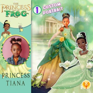 Peut inclure: Un portrait personnalisé d'une jeune fille habillée en Princesse Tiana du film "La Princesse et la Grenouille" de Disney. L'image comprend le logo du film et des illustrations de personnages, avec le texte "Portrait personnalisé" et "Princesse Tiana". La fille porte une robe verte et jaune.