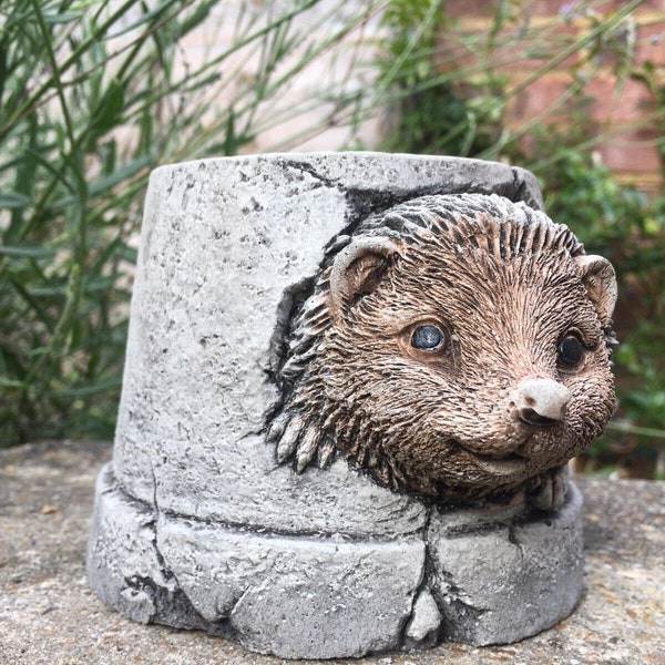 Cute hedgehog hiding in a pot statue - garden ornament  - hand cast