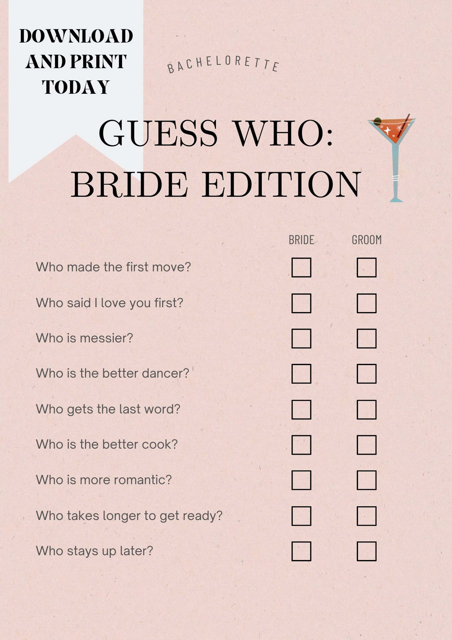 Bride and Groom Quiz Template Wedding Shower Bachelorette Etsy