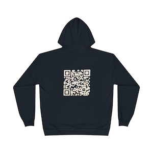 May include: A dark blue hooded sweatshirt with a white QR code printed on the back.