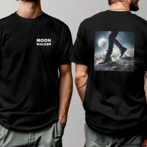 May include: Black t-shirt with the text "MOON WALKER" on the front and a graphic of a person walking on the moon on the back.