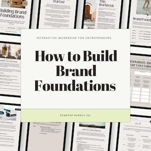 Puede incluir: Un libro de trabajo digital titulado "Cómo construir los cimientos de la marca" con un esquema de color verde y blanco. El libro de trabajo está diseñado para emprendedores e incluye hojas de trabajo y consejos para construir una marca sólida.