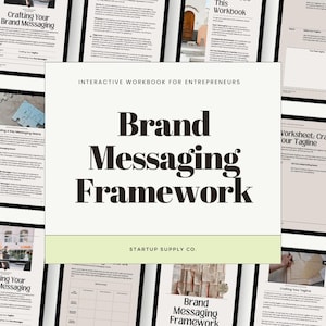 以下が含まれることがあります： 起業家向けの「ブランドメッセージングフレームワーク」というデジタルワークブック。このワークブックは、起業家が強力なブランドメッセージを開発するのに役立ちます。表紙には、パズルピース、本、ラップトップなど、ブランディングとメッセージングに関連する画像のコラージュが掲載されています。