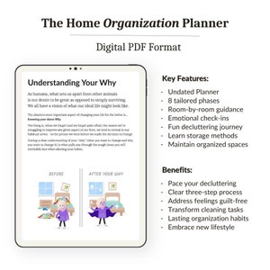 May include: A digital PDF planner for home organisation with a blue cover and the title "The Home Organisation Planner" in white text. The planner includes sections on understanding your why, key features, and benefits. The image shows a before and after illustration of a bedroom.
