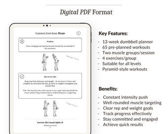 The Dumbbell Home Workout Journal Digital PDF: 13-Week Personal Trainer & Workout Planner. 65 Guided Workouts. All Muscle Groups.