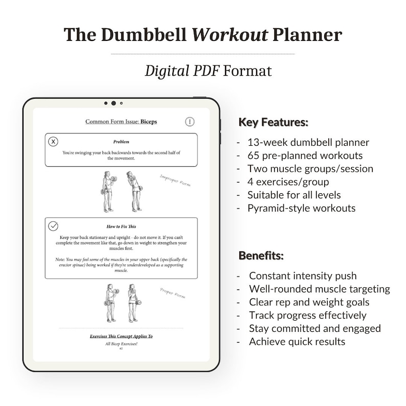The Dumbbell Home Workout Journal. 13-Week Program. Fitness Planner / Workout Book that only requires dumbbells. Workout Journal for Women & Men. Workout Planner for Women. Workout Log Book / Fitness Journal / Workout Notebook. Digital Planner
