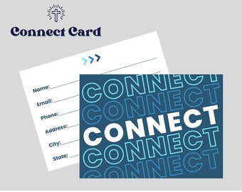 May include: A white connect card with a blue and white pattern on the right side. The card has fields for name, email, phone, address, city, and state. The pattern is a repeating pattern of the word "CONNECT" in a blue outline with a white interior.