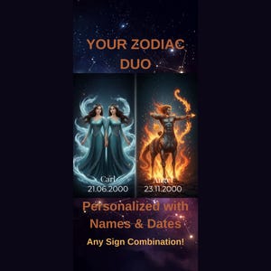May include: A digital art print featuring two zodiac sign illustrations. One shows two women in teal gowns, the other a centaur with a bow and arrow. Text reads "YOUR ZODIAC DUO" and "Personalized with Names & Dates."