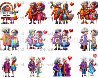 Whimsical Elderly Couples Clipart Collection - Cute Seniors in Affectionate Poses Instant Download, Sublimation Designs, Cards, Junk Journal