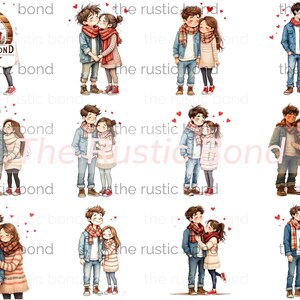 Colección de imágenes prediseñadas de parejas de San Valentín: ilustraciones afectuosas dibujadas a mano para sublimación y diarios basura, juego de 12