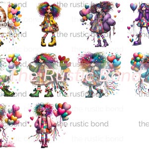 Filles fantaisistes avec des cheveux colorés et des ballons coeur, des cliparts pour un journal indésirable amusant et des impressions par sublimation, lot de 10