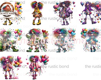 Whimsical Girls with Colorful Hair and Heart Balloons Clipart for Fun Junk Journaling and Sublimation Printables Set of 10