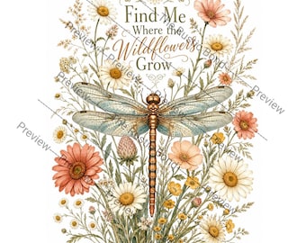 Wildflower Dragonfly PNG Bundle, Vintage Floral Sublimation Design (Digital Download)