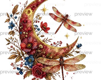Cottagecore Moon Dragonfly Clipart, Floral Crescent Moon, Boho Celestial Wildflower PNG (Digital Download)