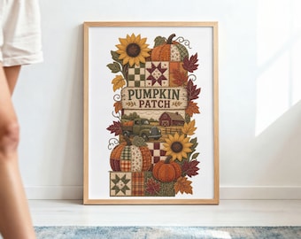 Vintage Farm Truck Pumpkin Patch PNG | Patchwork Sunflowers, Autumn Leaves (Digital Download)