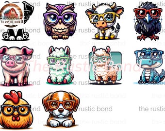 Adorable Cartoon Animal Characters Wearing Glasses Clipart Collection for Cards, Journals, and Sublimation Projects - Instant Download PNGs